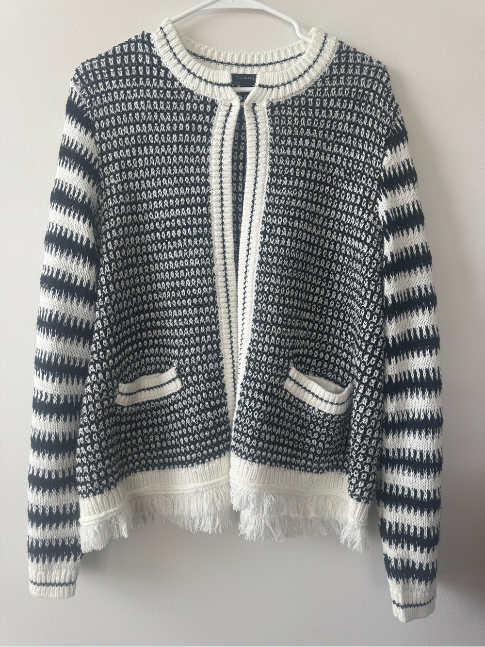Talbots Striped Black & White Open Front Cardigan Fringe Sz XL